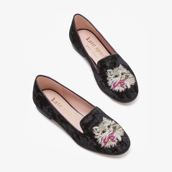 ♠️Kate Spade New York Whiskers Cat Crushed Velvet Lounge Loafer, Black NEW NIB - Picture 1 of 8